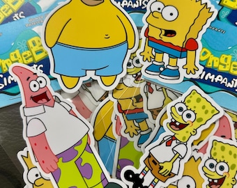 May include: A collection of colorful cartoon character stickers featuring Homer Simpson, Bart Simpson, Patrick Star, and SpongeBob SquarePants. The stickers are yellow, blue, red, and green, with the words "SpongeBob Pants" visible on some.