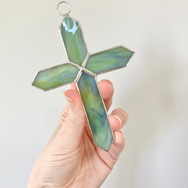 Stained Glass Cross, Rainforest Green Variegated Glass Cross, Lead Free Stained Glass, Cross Ornament, Christian Art, Religious Art