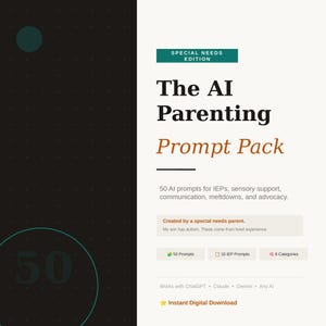 Op de afbeelding: Digitaal product getiteld "The AI Parenting Prompt Pack" met de tekst "Special Needs Edition". Het pakket biedt 50 AI-prompts voor IEP's, sensorische ondersteuning en communicatie. Bevat de tekst "Directe digitale download" en werkt met ChatGPT, Claude en Gemini.