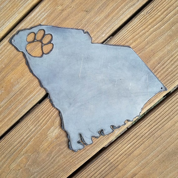 Clemson South Carolina Tiger Paw State Silhouette Outline Rustic Metal Sign