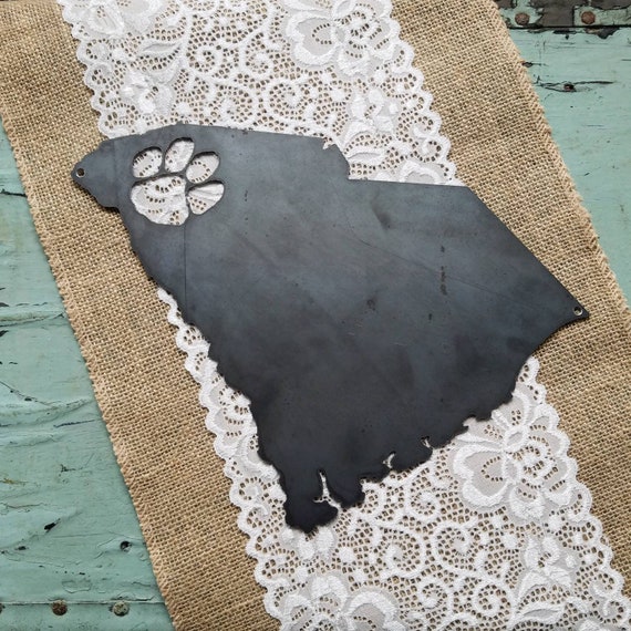 Clemson South Carolina Tiger Paw State Silhouette Outline Rustic Metal Sign