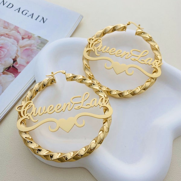 Ladies Script Name Plate Bamboo Hoop Earrings 14K Gold - Style 63