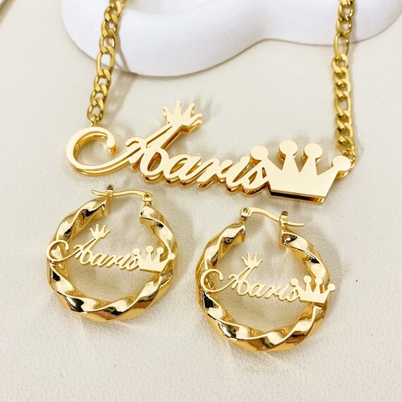 Kids Baby Name Jewelry Set With Crown Name Twist Hoop Earrings Name Earrings for Women Double Name Plate Necklace Custom Name Necklace Etsy Canada