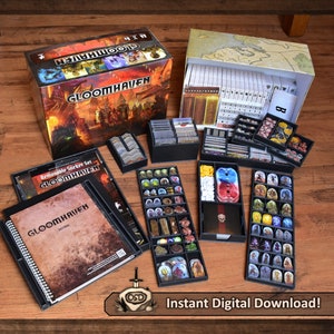 Puede incluir: Un juego de mesa "Gloomhaven" con una caja, fichas, cartas y un libro de reglas. El juego incluye un juego de pegatinas extraíbles. El texto de la imagen dice "Instant Digital Download!"