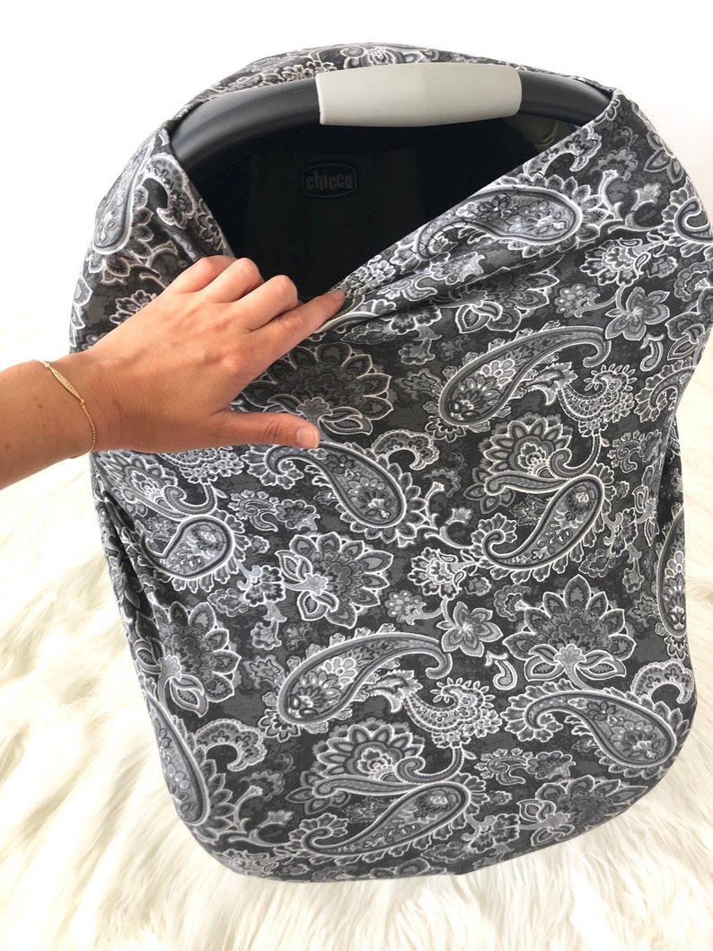 Gray And White Paisley Print Car Seat Cover Boy Girl Cat Canopy Stretchy