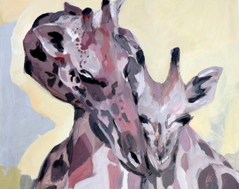 Giraffes- purple giraffes, animal art, motherly love, touching art, figurative, painting