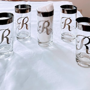 Dorothy Thorpe MCM Style “R” Highball Glasses – Set of 5 – Silver Rim – Local Pickup Only Atlanta – 1950s Barware. **We Do NOT Ship**