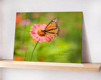 イザヤ書60章22節 オオカバマダラとピンクの花のメタルプリント、キリスト教のホームデコレーション