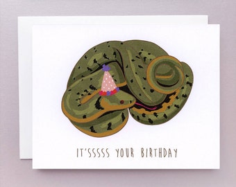 Happy Birthday Art Card. Funny Cute Birthday Card. Pet Snake Illustration. Exotic Pets. Reptiles. Slytherin.