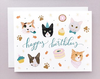 Feliz cumpleaños Cats Card. Kitten Party. Regalo de cumpleaños para mascotas. Atigrado. Calicó. Esmoquin. Gatos de jengibre.