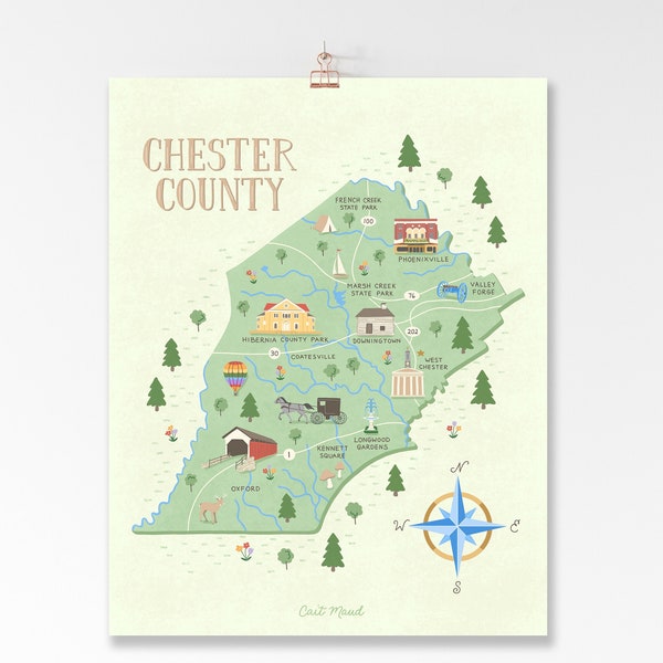 Chester County Illustrated Map. Chesco Historical Landmarks Art Illustration Print 11x14. Phoenixville Valley Forge Kennett Square