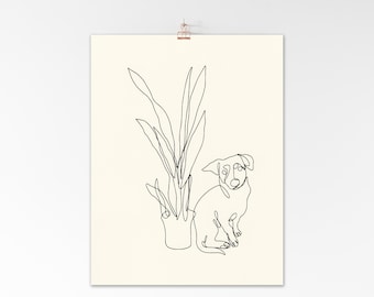 Line Art Illustration Print Sitting Dog with Plant Abstract One Line Single Line Drawing 8x10