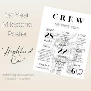 Birthday Milestone Board Template | Highland Cow | 1st Birthday | Baby Milestone Poster | Modern | 16x20 | Digital File | Instant Download