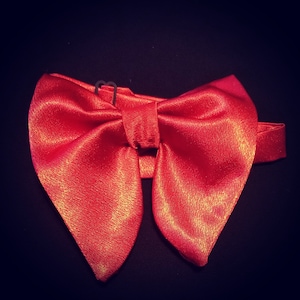 May include: A red satin bow tie with a shiny finish. The bow tie is tied and ready to wear.