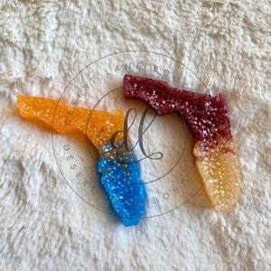 May include: Three Florida state-shaped ornaments, one blue, one orange, and one red with orange. The ornaments are on a white fuzzy surface.