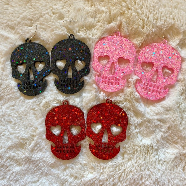 Valentine's Day Skull Resin Earrings, Glitter Skull Hardcore Emo Goth Gothic Accessories Jewelry Spooky Creepy Cute Punchy Alternative