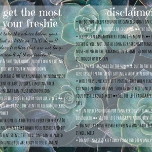 May include: A green and white infographic with the text "How to get the most out of your freshie" and "disclaimers". The infographic provides tips on how to make your car freshener last longer and includes a list of disclaimers.