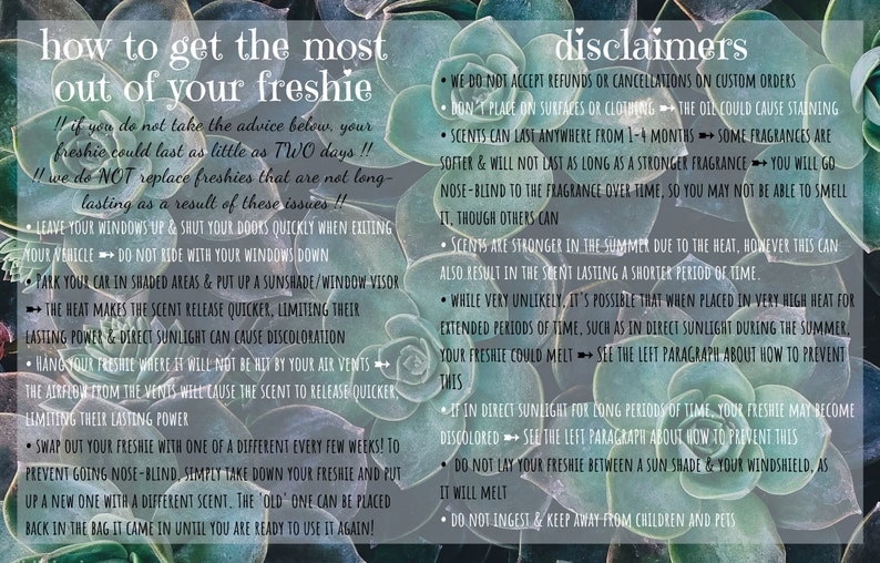 May include: A green and white infographic with the text "How to get the most out of your freshie" and "disclaimers". The infographic provides tips on how to make your car freshener last longer and includes a list of disclaimers.