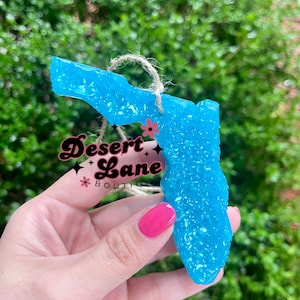 May include: A bright blue, Florida-shaped air freshener with a textured surface, suspended by a natural twine string. The image includes the text "Desert Lane Boutique" in a cursive font with floral accents.