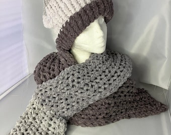 Large soft blanket yarn hat and scarf - multiple shades of grey