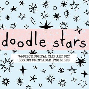 Conjunto DOODLE STARS, clipart desenhado à mão, elementos de design, arte de linha, arquivos PNG, download digital, retrô, celestial, fofo