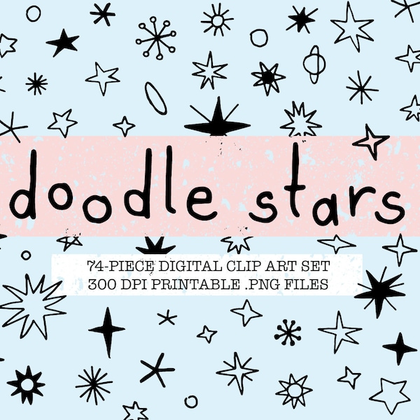 DOODLE STARS set, hand drawn clip art, design elements, line art, PNG files, digital download, retro, celestial, cute