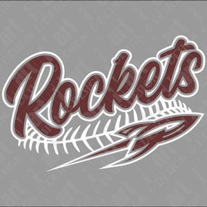May include: A maroon and white Rockets logo design on a gray background. The word "Rockets" is in a script font, with a rocket ship and baseball stitching design. The design is suitable for sports apparel.