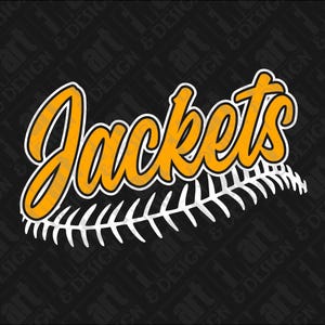 May include: A graphic design with the word "Jackets" in a yellow, cursive font with a white outline. Below the word is a white baseball stitch design, set against a black background.