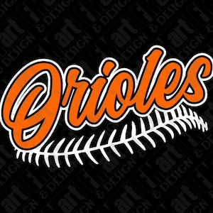 May include: Orange "Orioles" script logo with a white outline and a baseball stitch design on a black background. The word "art" and "design" are repeated diagonally across the background.