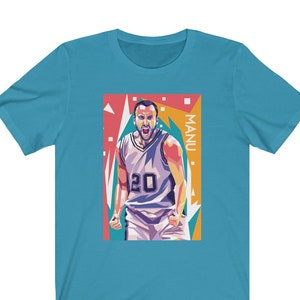 May include: A turquoise blue t-shirt with a colorful graphic of a basketball player in a white jersey with the number 20 on it. The text "MANU" is on the right side of the graphic.