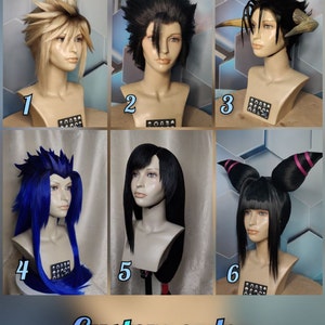 May include: Six different styles of wigs displayed on mannequin heads. The wigs are in various colors, including blonde, black, blue, and pink. The wigs are styled in different ways, including long, short, and with different hair accessories. The text "Custom order" is displayed at the bottom of the image.