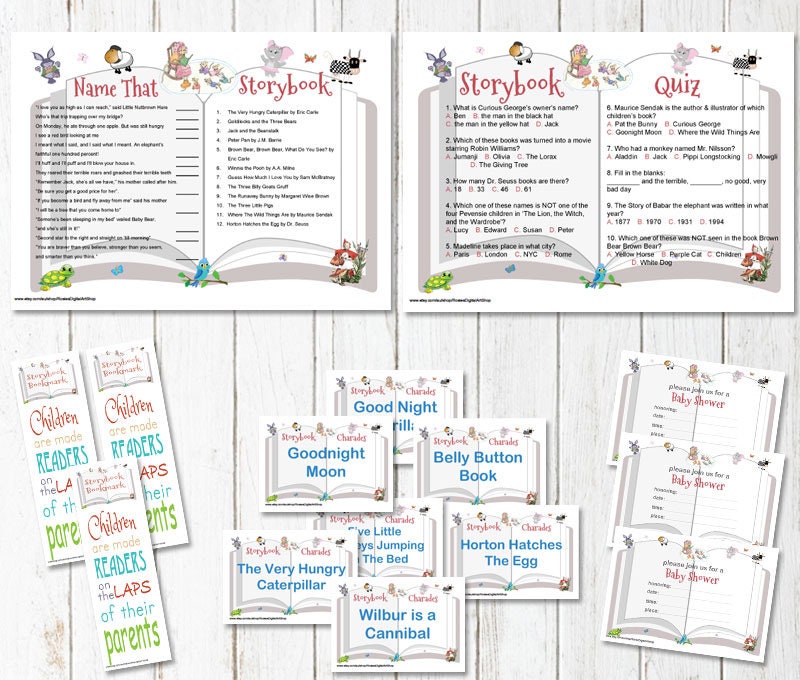 PRINTABLE Storybook Baby Shower Game Pack Book Theme Baby Etsy