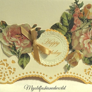 Romantic Old Fashioned Vintage Style Luxury, Romantic Birthday card, Wife, Mother, Sister,Friend. Ivory on gold background. Ribbon,  Roses