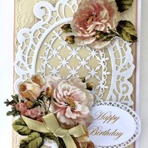 Romantic old fashioned vintage style birthday card for a special Mother, Wife, Sister or friend featuring pink roses, white lace, ribbon.