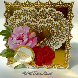 Romantic Old Fashioned Vintage Style Luxury Happy Birthday Card. Lace, Hearts, Roses, Ribbon.