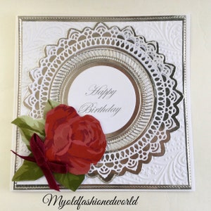 Romantic birthday card for a very special Mother, Sister, Wife or friend. A Red rose features on the front of this card with white lace.