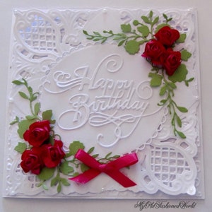 Romantic old fashioned vintage style ruby Birthday card for a special Wife, Mother, Sister, Friend featuring deep ruby roses and lace.