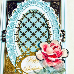 Romantic old fashioned vintage style birthday card for special Mother, Wife, Sister, Friend,  featuring pink rose, gold, white lace on blue.