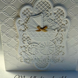 Romantic Old Fashioned Style Luxury Baby Congratulations Card for a Special New Baby or Baby Shower. Vintage Pram, Cream Lace, Ribbon