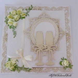 Romantic old fashioned vintage style luxury card for wedding, engagement, anniversary or special celebration. Champagne, lace, cream roses.