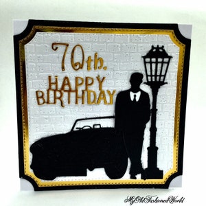 Old fashioned vintage style masculine Birthday Card for that sophisticated young man, be it a 21st. 18th. 70th. Or 80th. Austin Healey car.