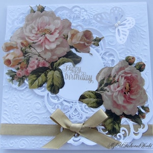Romantic vintage style old fashioned birthday card for a special Wife, Mother, Sister or Friend, featuring roses, lace and ribbon.