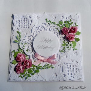 Cartão de aniversário de rosas cor de rosa, estilo vintage romântico à moda antiga, esposa, mãe, irmã, amiga, 3D feito à mão, cortado, em relevo, renda, fita.