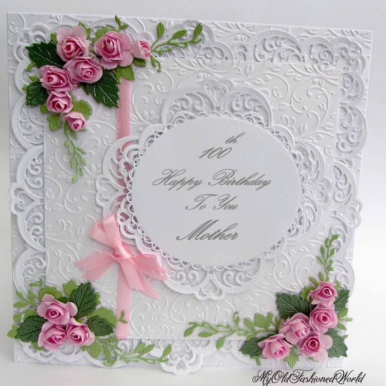 Romantic Old Fashioned Vintage Style 100th. 90th. 80th. Any Age Birthday card Featuring Lace, Ribbon, Pink Roses and Personalised Sentiment. image 1
