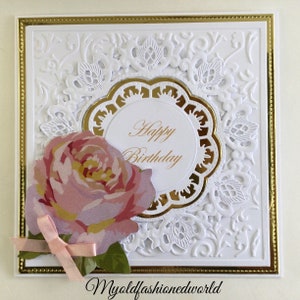 Romantic vintage style old fashioned birthday card for Wife, Mother, Sister or Friend featuring pink rose, lace and ribbon.