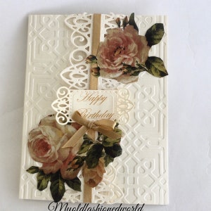 Romantic old fashioned vintage style Birthday card for a special Wife, Mother, Sister or Friend featuring pink roses, lace, ribbon.