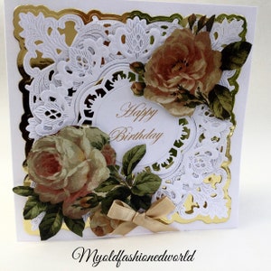 Romantic vintage style old fashioned birthday card for Wife, Mother, Sister or Friend featuring pink roses, lace and ribbon.