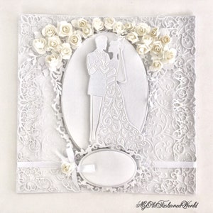 Romantic Old Fashioned  Vintage Style Luxury White on White Card for Wedding, Featuring Bride and Groom in an oval frame, Lace, Ribbon Roses
