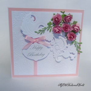 Romantic old fashioned vintage style Birthday card for a special wife, mother, sister or friend featuring pink roses and lace.
