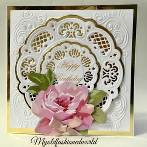 Romantic vintage style old fashioned birthday card for Wife, Mother, Sister or Friend featuring pink roses, lace and ribbon.